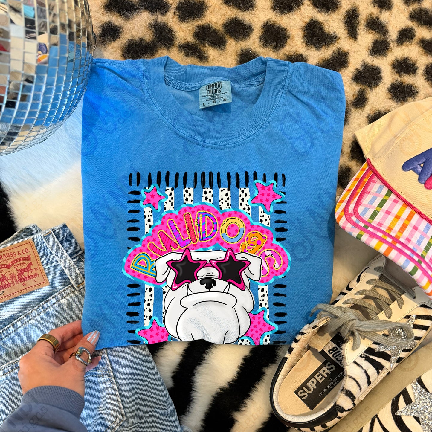 Doodle Star Sunglasses Bulldog White PNG Digital Download Sublimation DTF Print Preppy Colorful Mascot Spirit