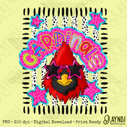 Doodle Star Sunglasses Cardinals PNG Digital Download Sublimation DTF Print Preppy Colorful Mascot Spirit