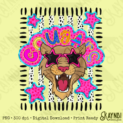 Doodle Star Sunglasses Cougar PNG Digital Download Sublimation DTF Print Preppy Colorful Mascot Spirit