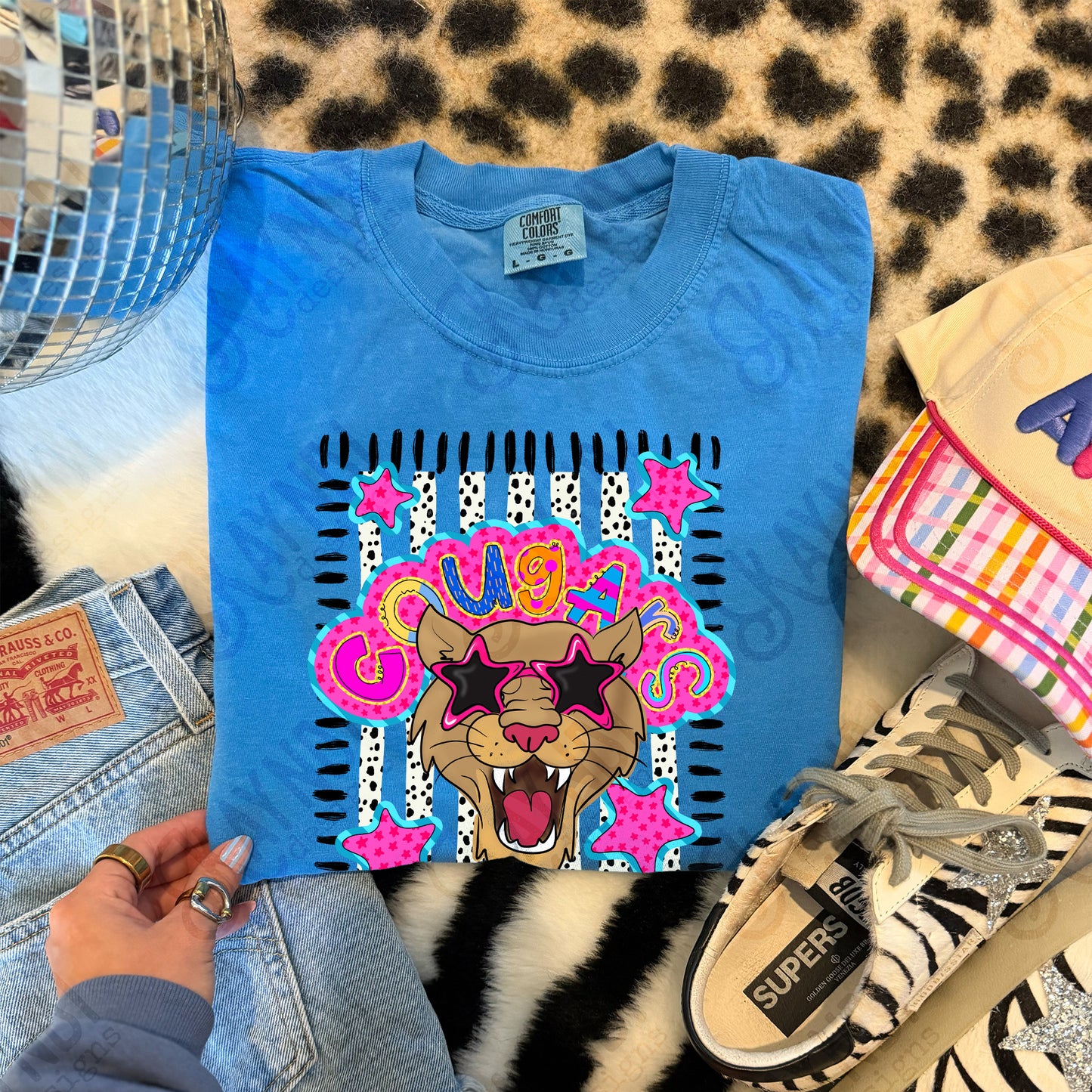 Doodle Star Sunglasses Cougar PNG Digital Download Sublimation DTF Print Preppy Colorful Mascot Spirit