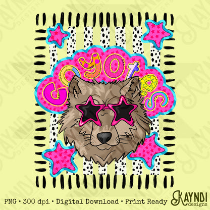 Doodle Star Sunglasses Coyote PNG Digital Download Sublimation DTF Print Preppy Colorful Mascot Spirit