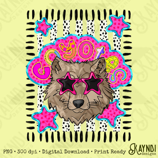 Doodle Star Sunglasses Coyote PNG Digital Download Sublimation DTF Print Preppy Colorful Mascot Spirit