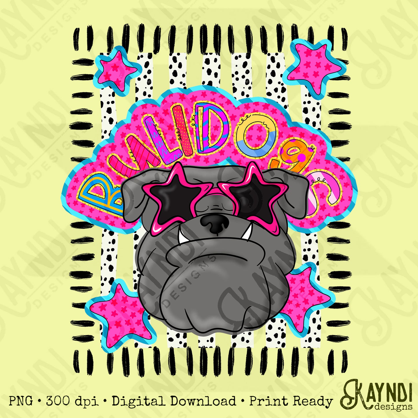 Doodle Star Sunglasses Grey Bulldog PNG Digital Download Sublimation DTF Print Preppy Colorful Mascot Spirit