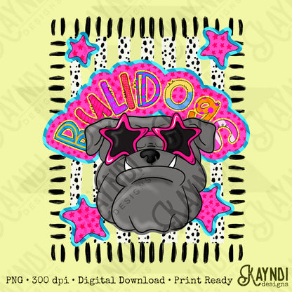 Doodle Star Sunglasses Grey Bulldog PNG Digital Download Sublimation DTF Print Preppy Colorful Mascot Spirit
