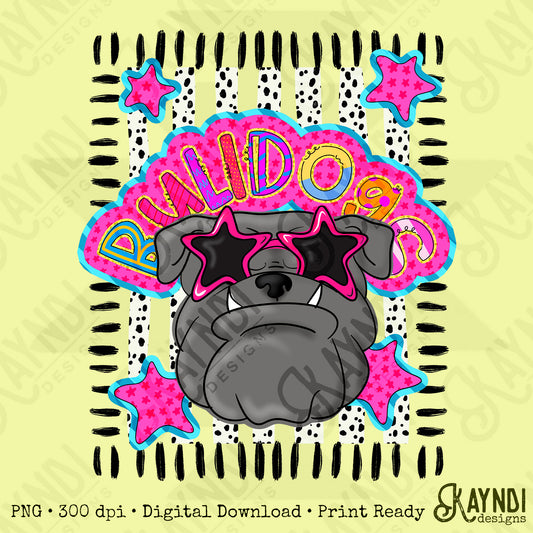 Doodle Star Sunglasses Grey Bulldog PNG Digital Download Sublimation DTF Print Preppy Colorful Mascot Spirit