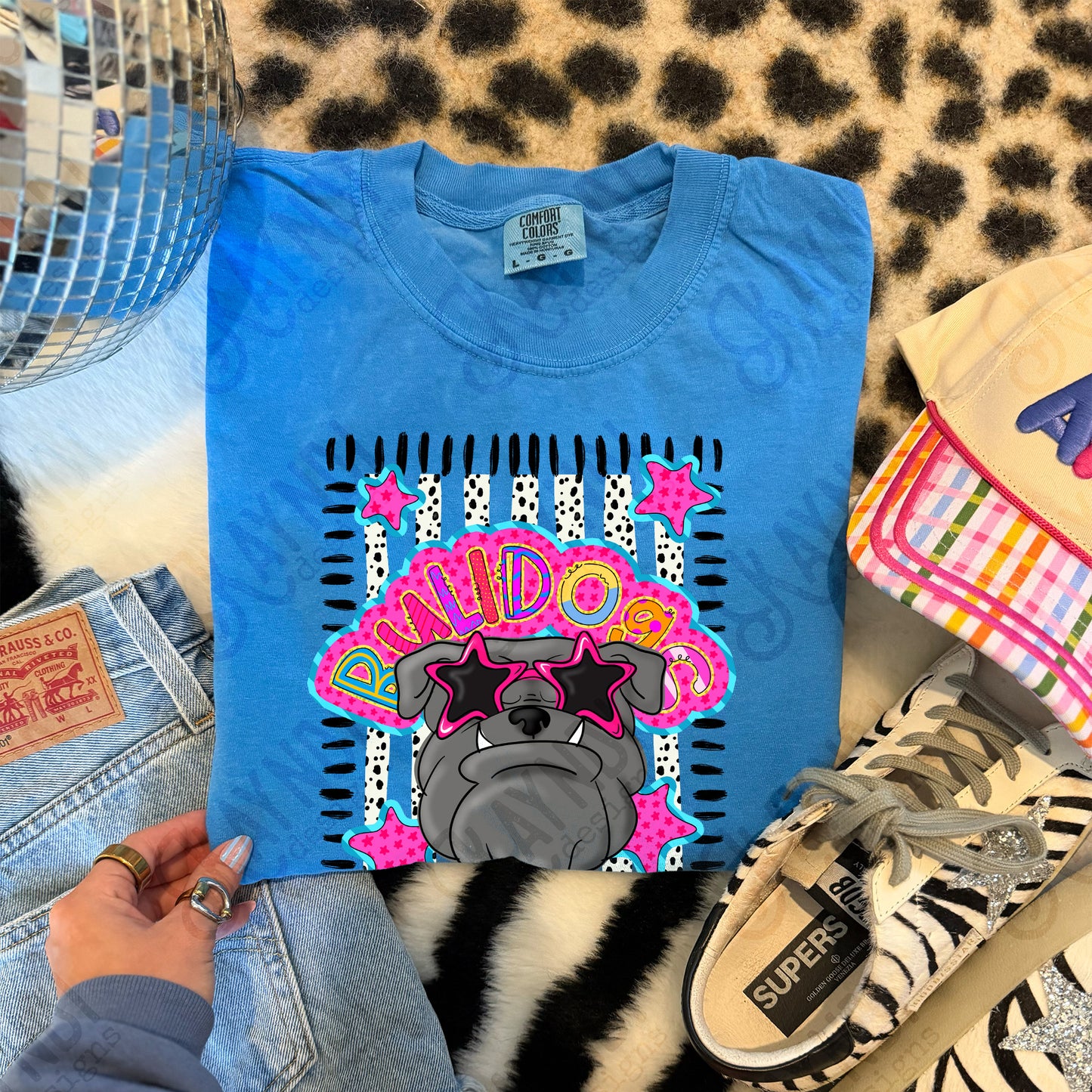Doodle Star Sunglasses Grey Bulldog PNG Digital Download Sublimation DTF Print Preppy Colorful Mascot Spirit