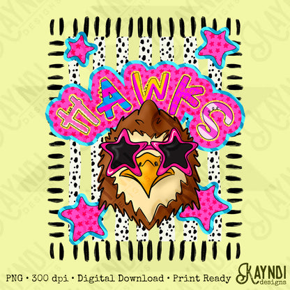 Doodle Star Sunglasses Hawk PNG Digital Download Sublimation DTF Print Preppy Colorful Mascot Spirit
