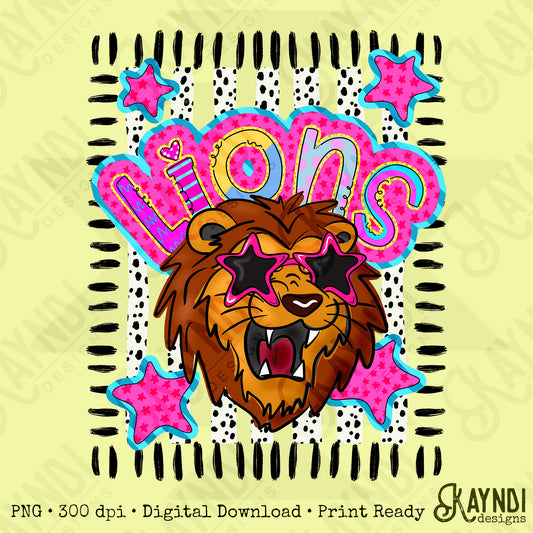 Doodle Star Sunglasses Lion PNG Digital Download Sublimation DTF Print Preppy Colorful Mascot Spirit