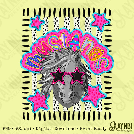 Doodle Star Sunglasses Mustang Grey PNG Digital Download Sublimation DTF Print Preppy Colorful Mascot Spirit