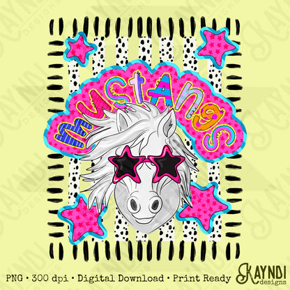 Doodle Star Sunglasses Mustang White PNG Digital Download Sublimation DTF Print Preppy Colorful Mascot Spirit