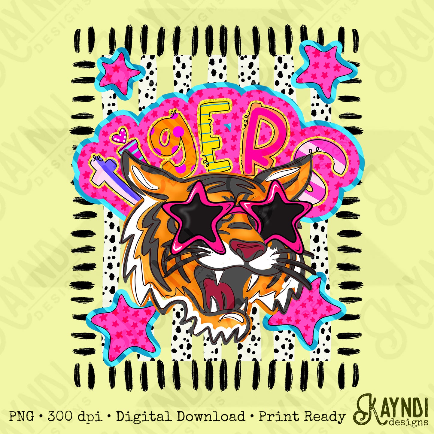 Doodle Star Sunglasses Tiger PNG Digital Download Sublimation DTF Print Preppy Colorful Mascot Spirit