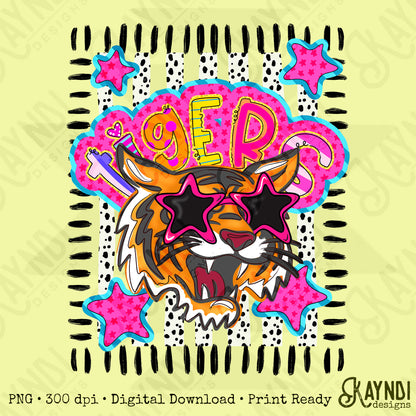 Doodle Star Sunglasses Tiger PNG Digital Download Sublimation DTF Print Preppy Colorful Mascot Spirit