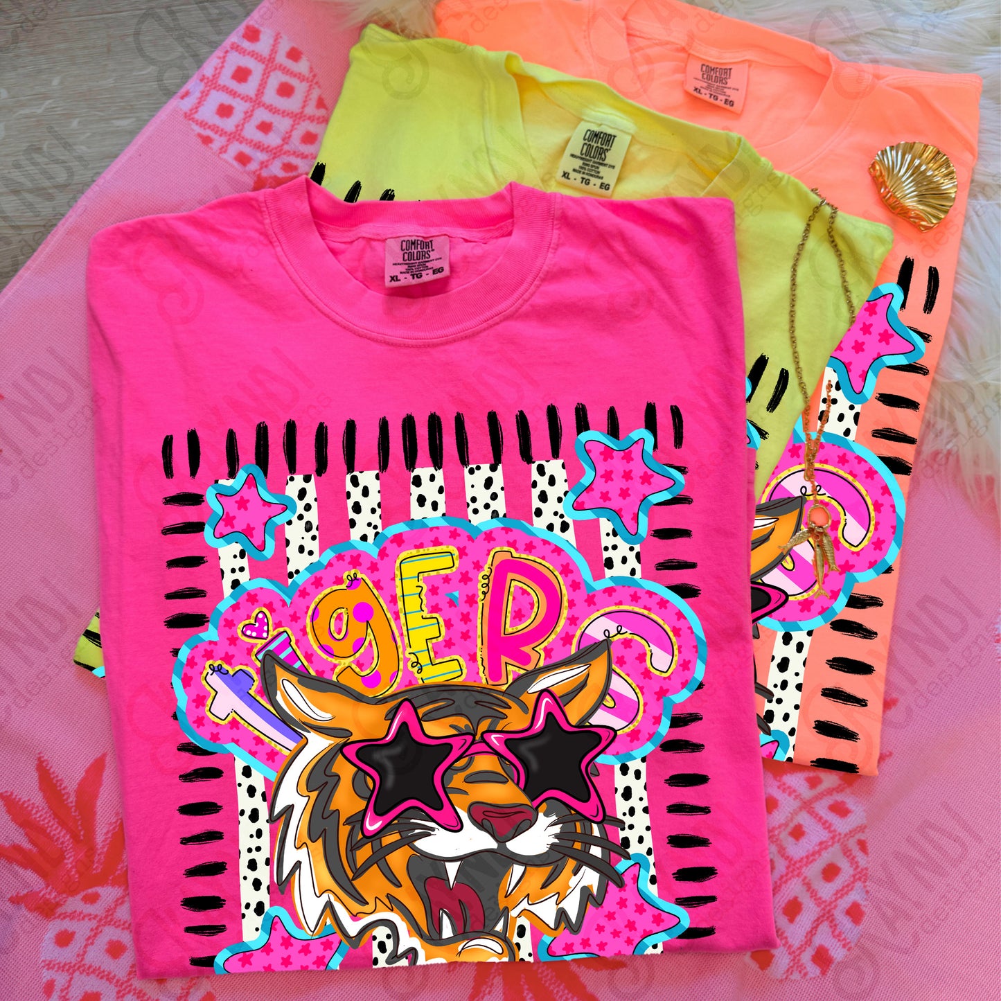 Doodle Star Sunglasses Tiger PNG Digital Download Sublimation DTF Print Preppy Colorful Mascot Spirit