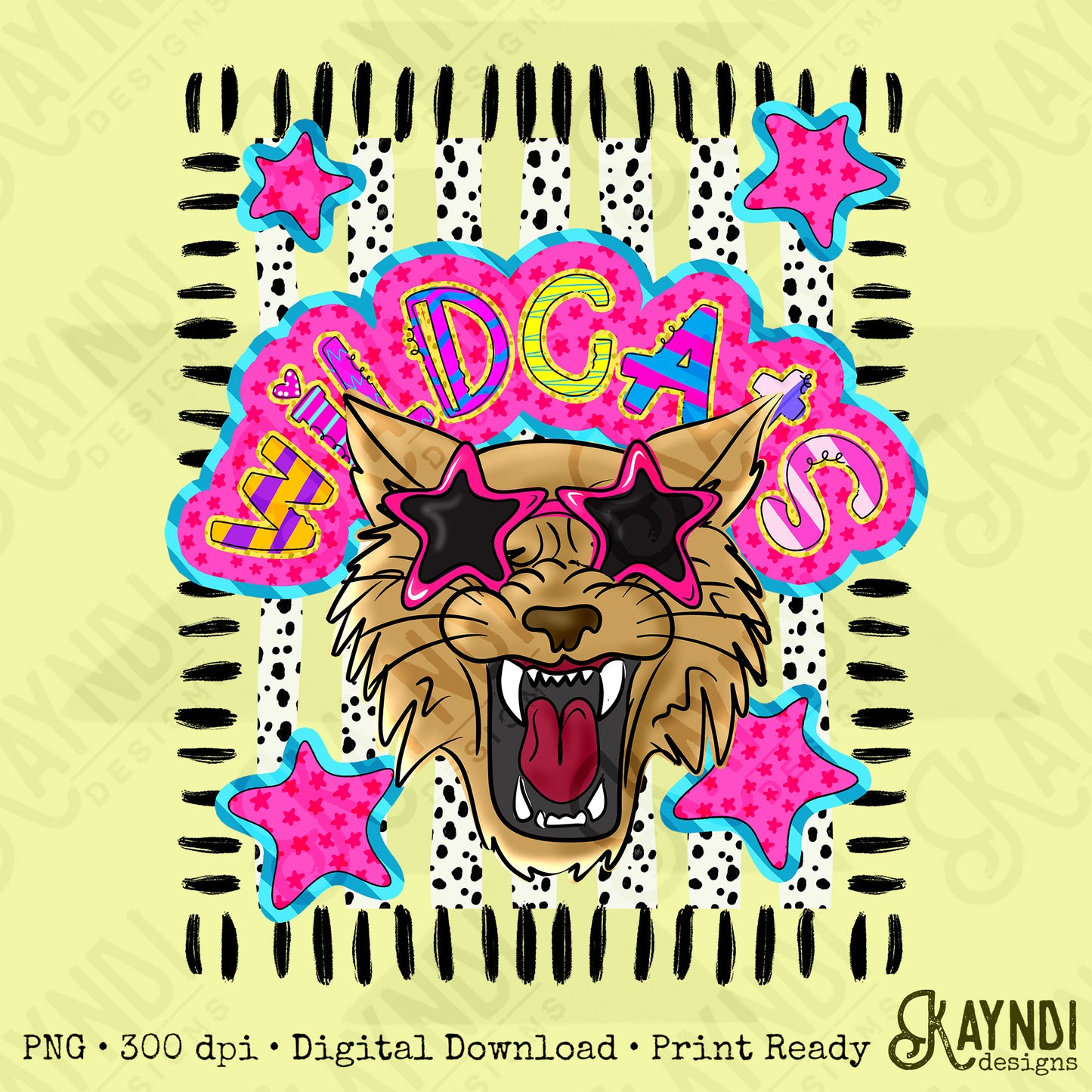 Doodle Star Sunglasses Wildcat PNG Digital Download Sublimation DTF Print Preppy Colorful Mascot Spirit
