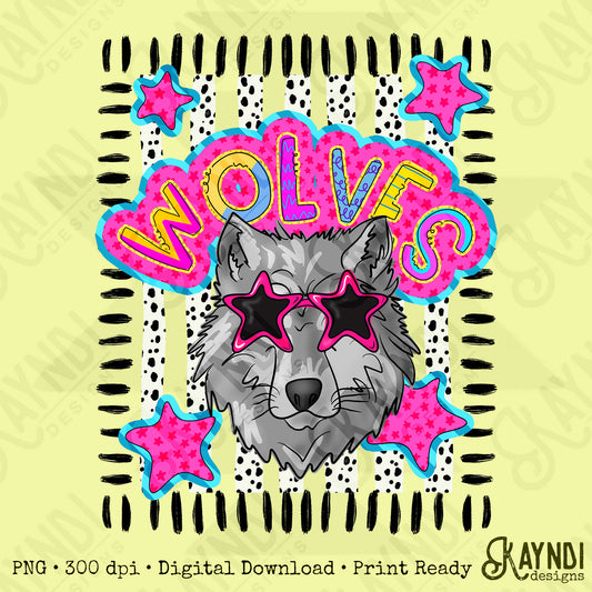 Doodle Star Sunglasses Wolf PNG Digital Download Sublimation DTF Print Preppy Colorful Mascot Spirit