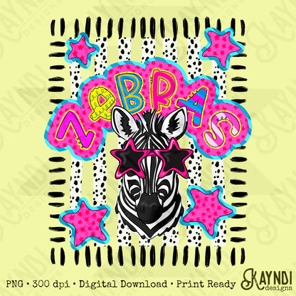 Doodle Star Sunglasses Zebra PNG Digital Download Sublimation DTF Print Preppy Colorful Mascot Spirit