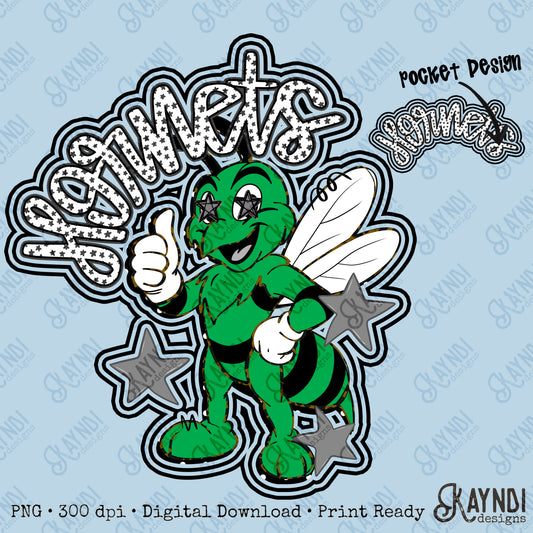 Friendly Mascot Hornet Green Black Neutral PNG Digital Download Sublimation DTF Print Preppy Colorful Mascot Spirit