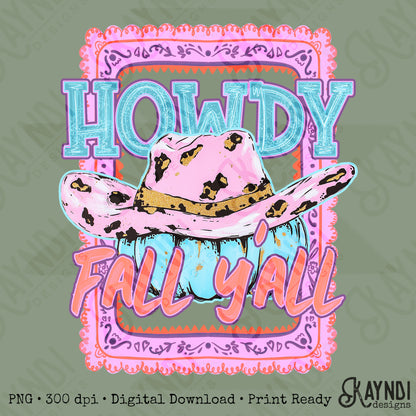Howdy Fall Y'all PNG Digital Download Sublimation DTF Print Preppy Pink Blue Western