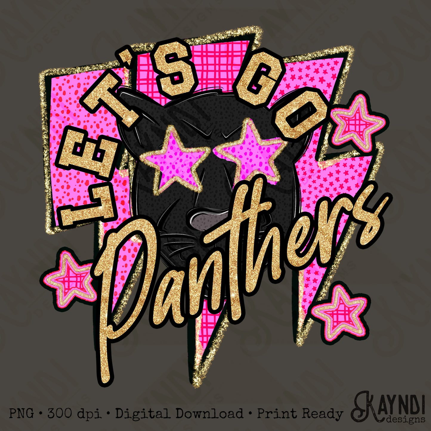 Let's Go Black Panthers PNG Digital Download Sublimation DTF Print Team Spirit Mascot Pink Star