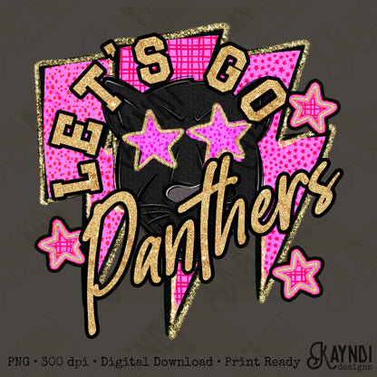 Let's Go Black Panthers PNG Digital Download Sublimation DTF Print Team Spirit Mascot Pink Star