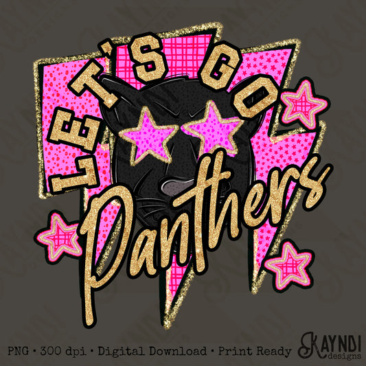 Let's Go Black Panthers PNG Digital Download Sublimation DTF Print Team Spirit Mascot Pink Star