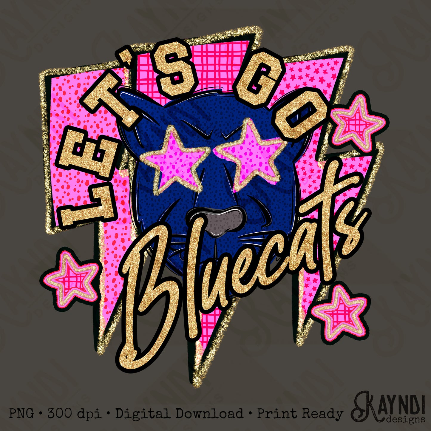 Let's Go Bluecats PNG Digital Download Sublimation DTF Print Team Spirit Mascot Pink Star