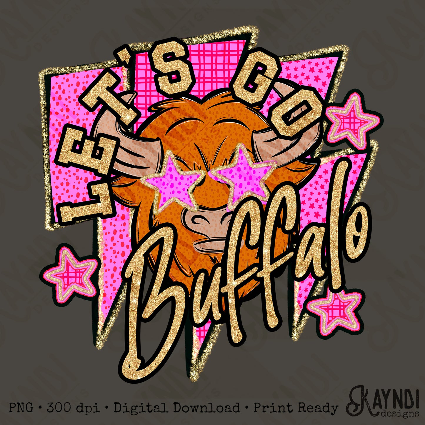 Let's Go Buffalo PNG Digital Download Sublimation DTF Print Team Spirit Mascot Pink Star