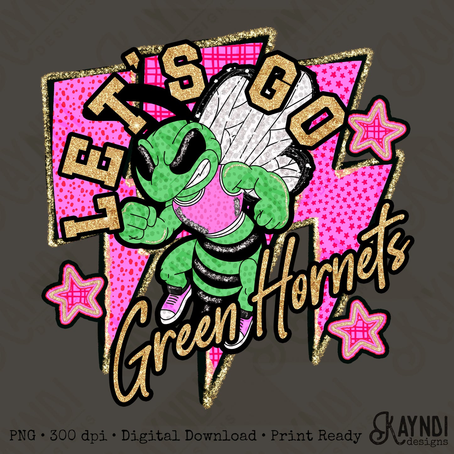 Let's Go Green Hornets PNG Digital Download Sublimation DTF Print Team Spirit Mascot Pink Star