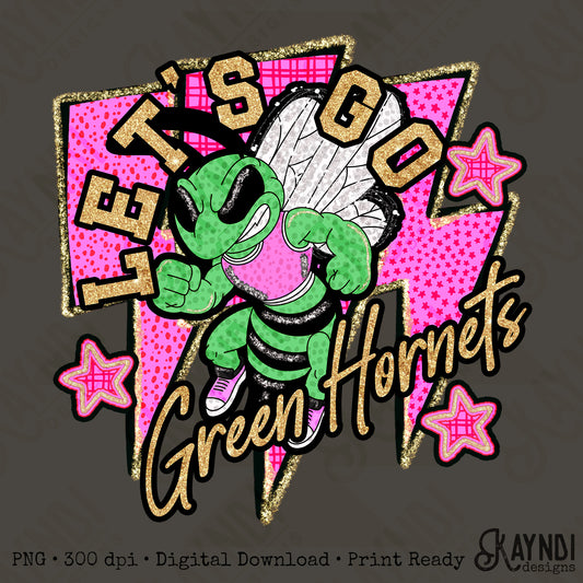 Let's Go Green Hornets PNG Digital Download Sublimation DTF Print Team Spirit Mascot Pink Star