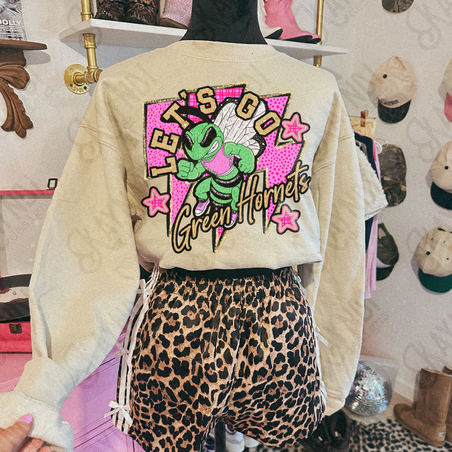Let's Go Green Hornets PNG Digital Download Sublimation DTF Print Team Spirit Mascot Pink Star