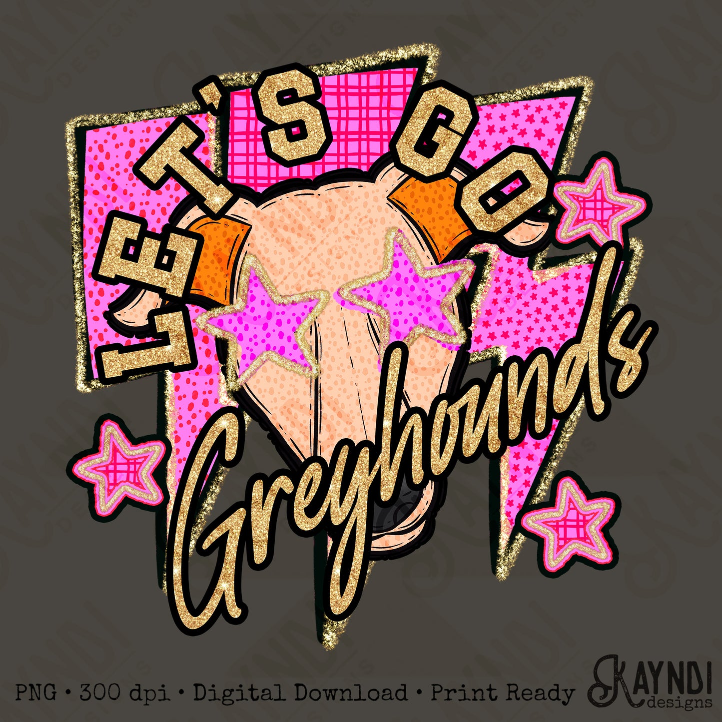 Let's Go Greyhounds PNG Digital Download Sublimation DTF Print Team Spirit Mascot Pink Star