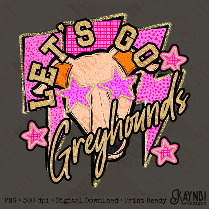 Let's Go Greyhounds PNG Digital Download Sublimation DTF Print Team Spirit Mascot Pink Star