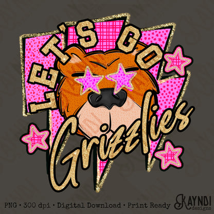 Let's Go Grizzlies PNG Digital Download Sublimation DTF Print Team Spirit Mascot Pink Star