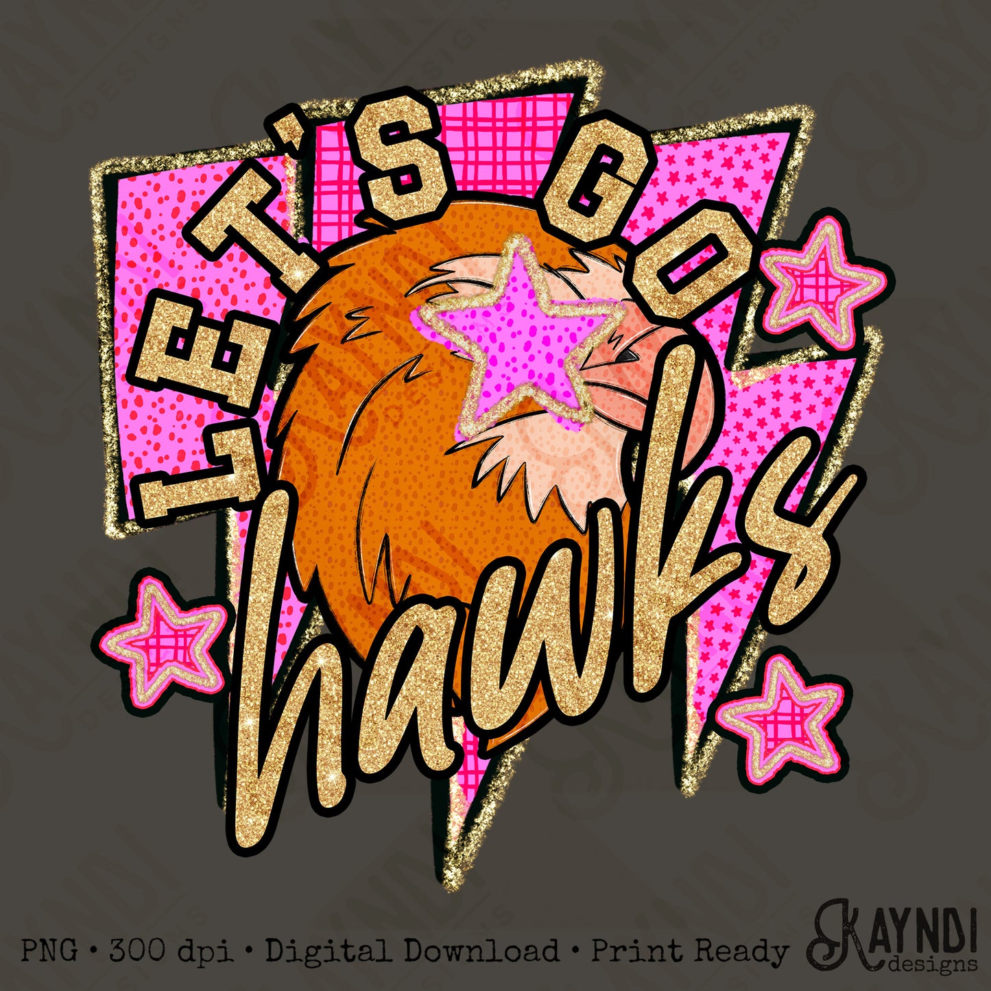 Let's Go Hawks PNG Digital Download Sublimation DTF Print Team Spirit Mascot Pink Star