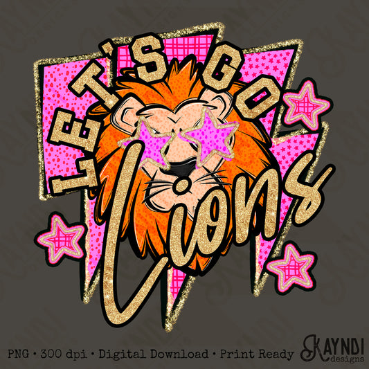Let's Go Lions PNG Digital Download Sublimation DTF Print Team Spirit Mascot Pink Star