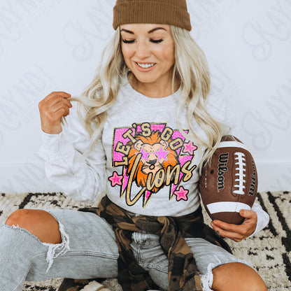 Let's Go Lions PNG Digital Download Sublimation DTF Print Team Spirit Mascot Pink Star