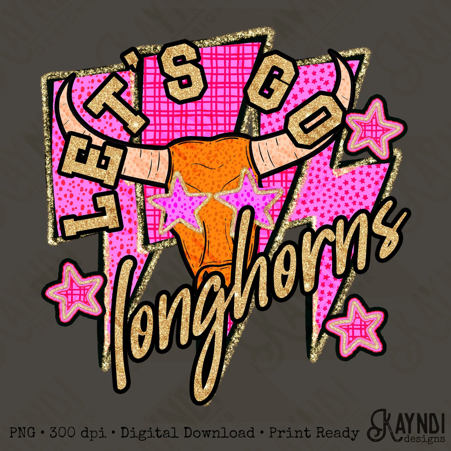Let's Go Longhorns PNG Digital Download Sublimation DTF Print Team Spirit Mascot Pink Star