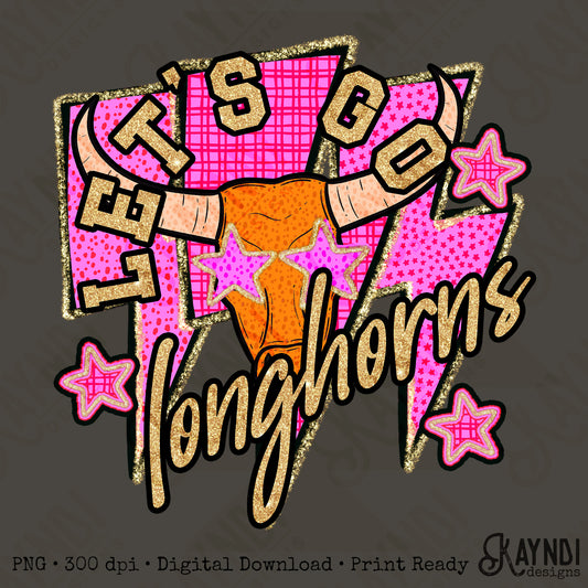 Let's Go Longhorns PNG Digital Download Sublimation DTF Print Team Spirit Mascot Pink Star