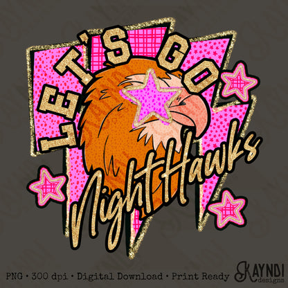 Let's Go Night Hawks PNG Digital Download Sublimation DTF Print Team Spirit Mascot Pink Star