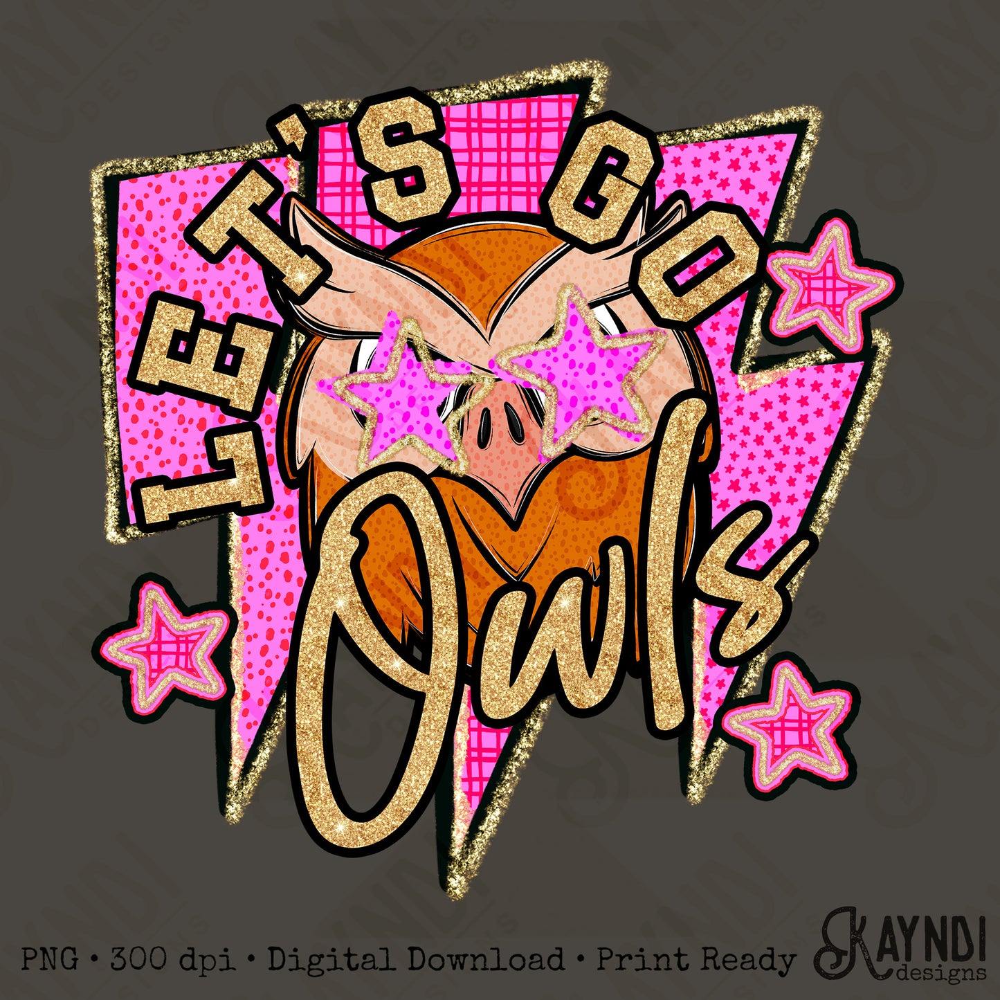Let's Go Owls PNG Digital Download Sublimation DTF Print Team Spirit Mascot Pink Star