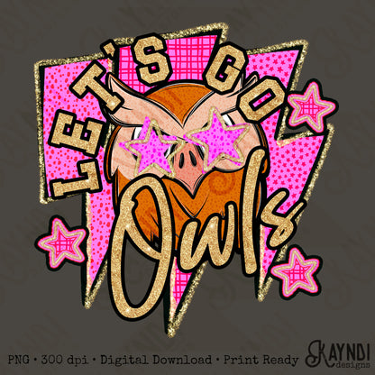 Let's Go Owls PNG Digital Download Sublimation DTF Print Team Spirit Mascot Pink Star