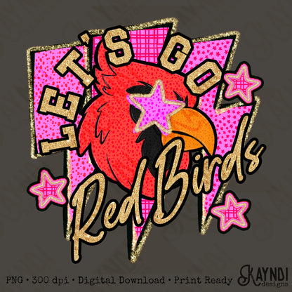 Let's Go Red Birds PNG Digital Download Sublimation DTF Print Team Spirit Mascot Pink Star