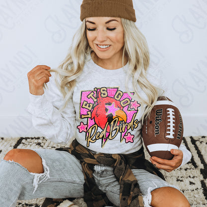 Let's Go Red Birds PNG Digital Download Sublimation DTF Print Team Spirit Mascot Pink Star
