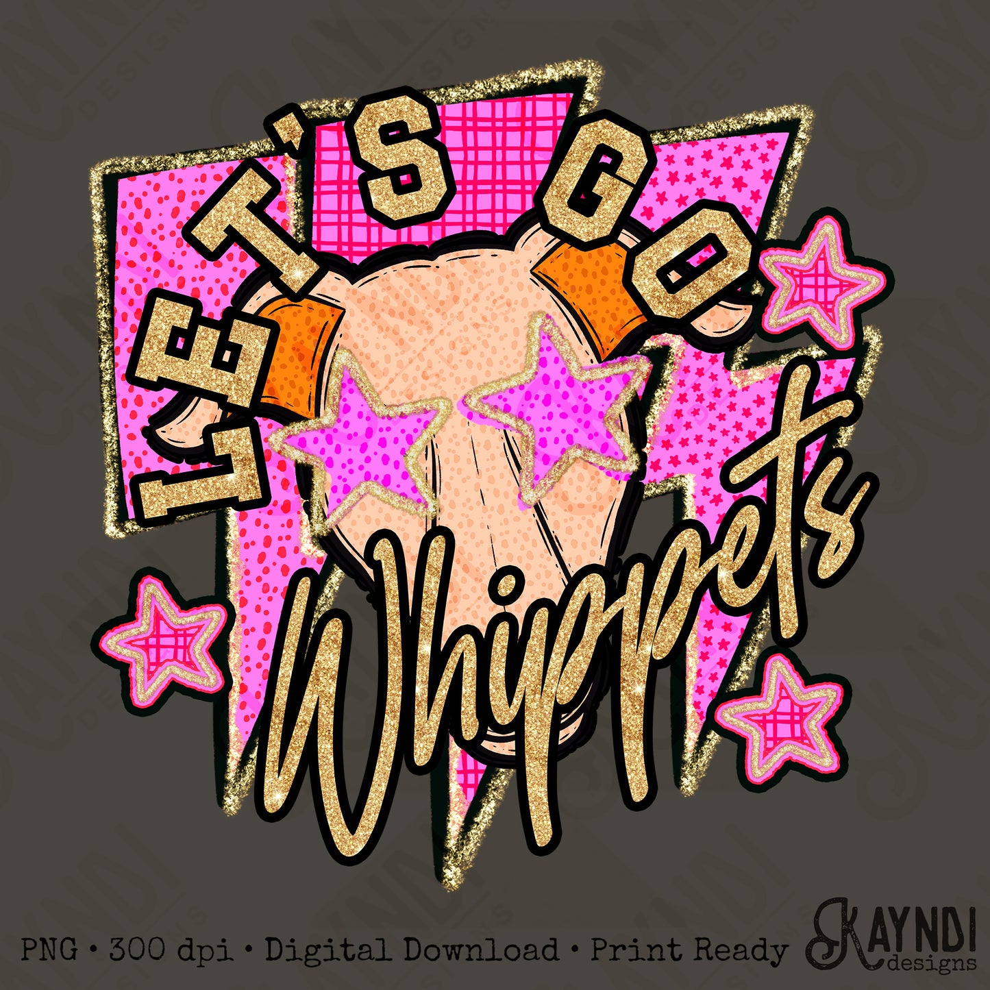Let's Go Whippets PNG Digital Download Sublimation DTF Print Team Spirit Mascot Pink Star