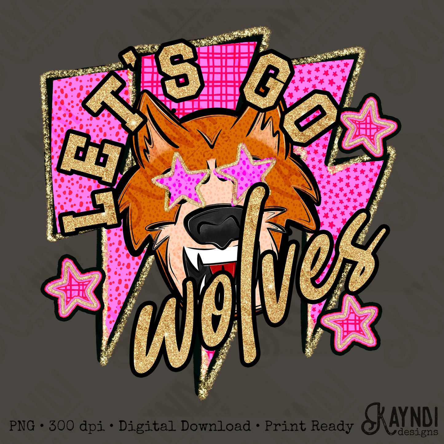 Let's Go Wolves PNG Digital Download Sublimation DTF Print Team Spirit Mascot Pink Star
