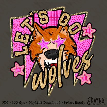 Let's Go Wolves PNG Digital Download Sublimation DTF Print Team Spirit Mascot Pink Star