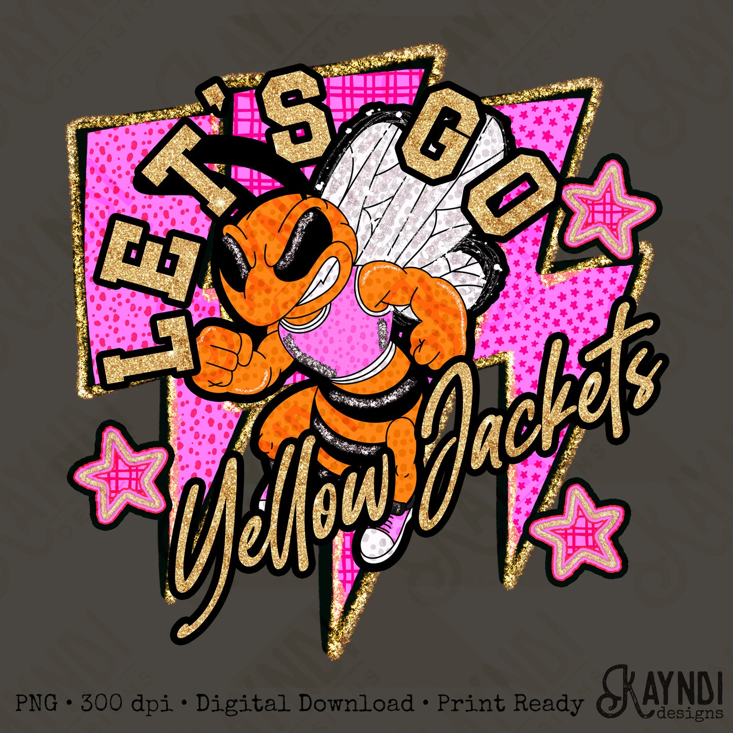 Let's Go Yellow Jackets PNG Digital Download Sublimation DTF Print Team Spirit Mascot Pink Star