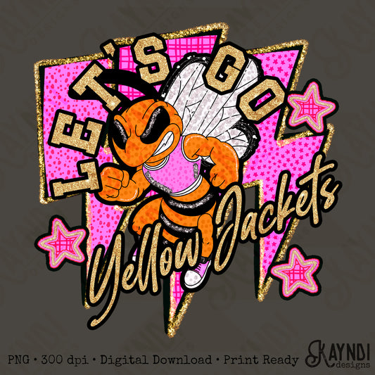 Let's Go Yellow Jackets PNG Digital Download Sublimation DTF Print Team Spirit Mascot Pink Star