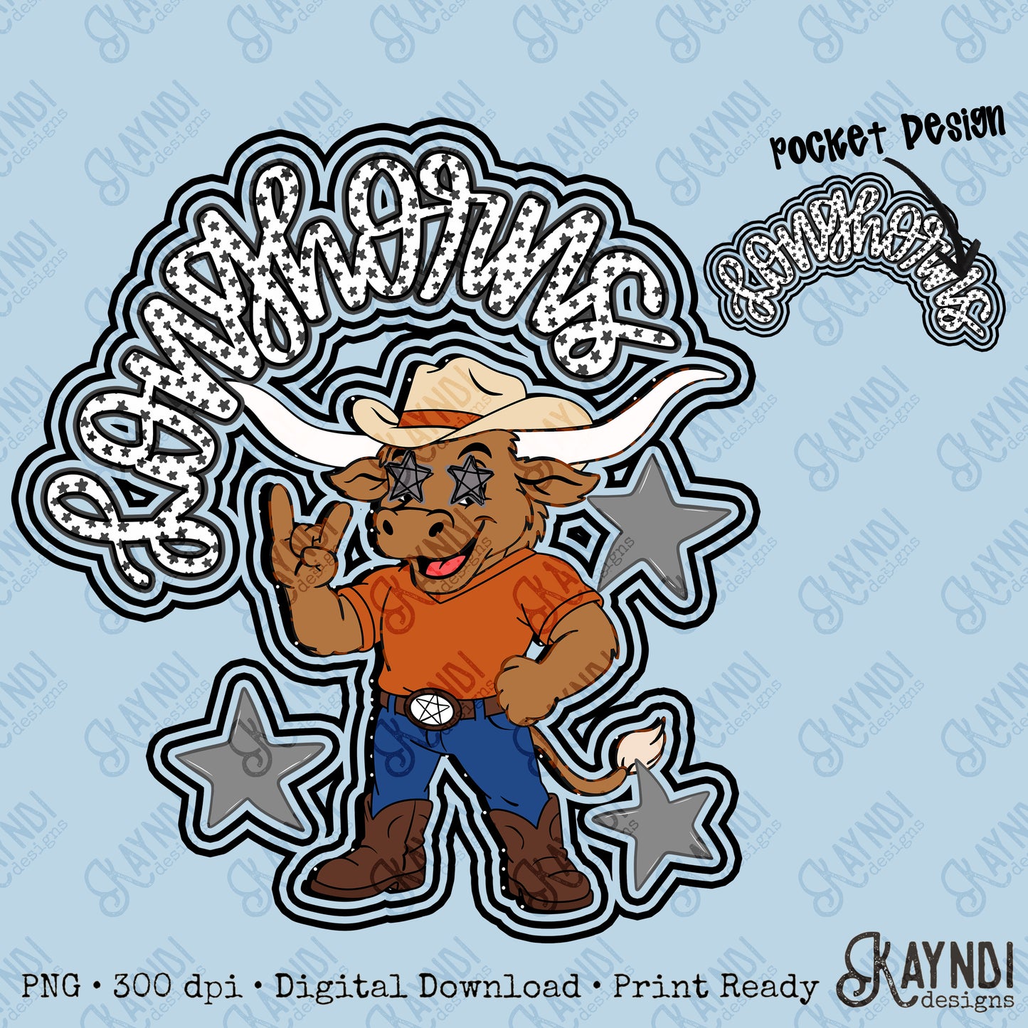 Friendly Mascot Longhorn Black Neutral PNG Digital Download Sublimation DTF Print Preppy Colorful Mascot Spirit
