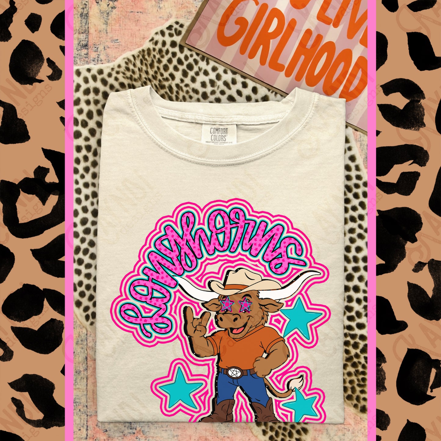 Friendly Mascot Longhorn Pink Colorful PNG Digital Download Sublimation DTF Print Preppy Colorful Mascot Spirit